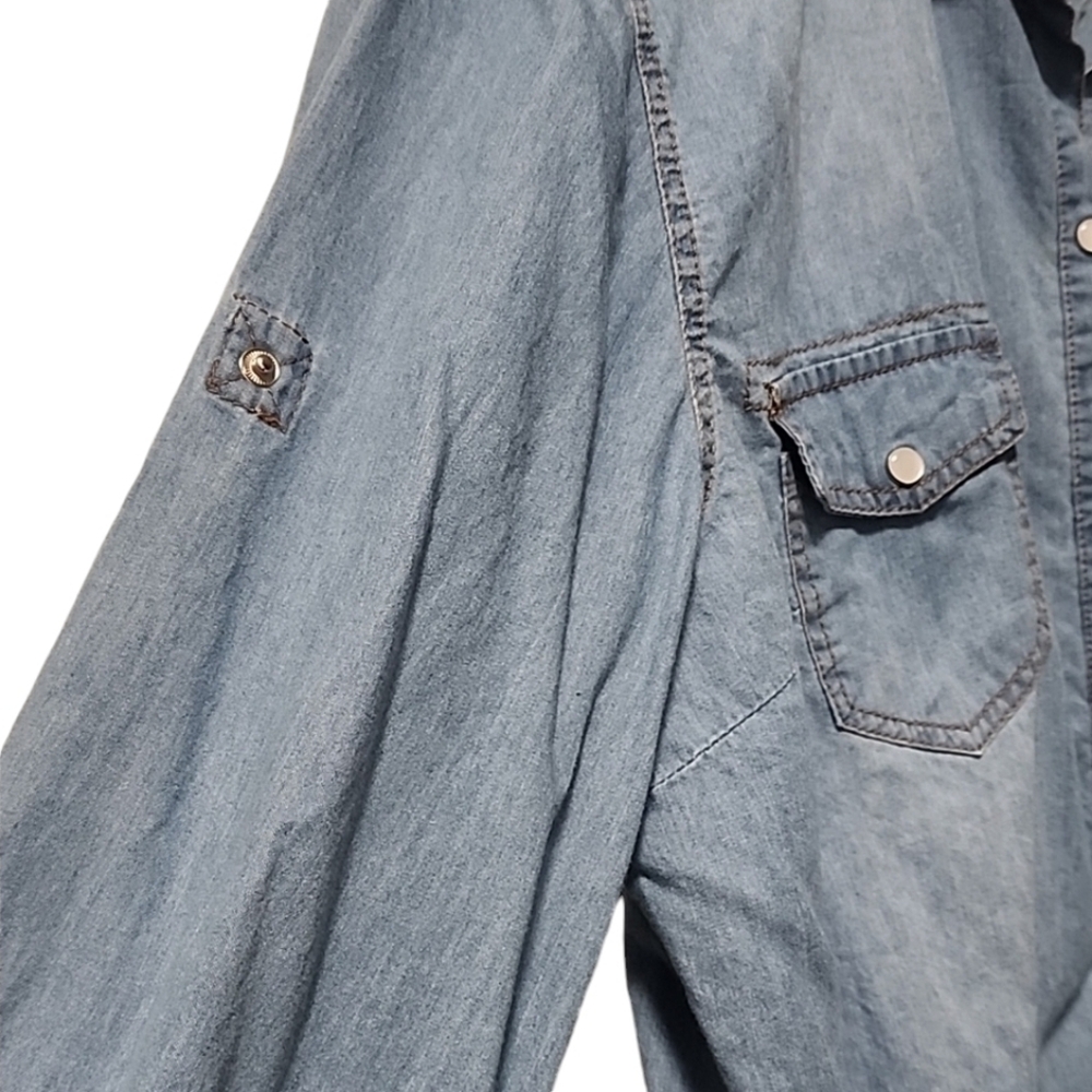 Tie Front Cropped Denim Western Shirt XL Pearl Snap Cowgirl Lightweight Festival - Picture 7 of 10